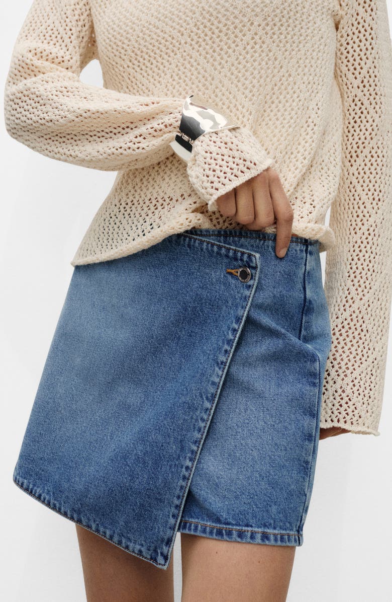 MANGO Faux Wrap Denim Skort, Alternate, color, Medium Blue