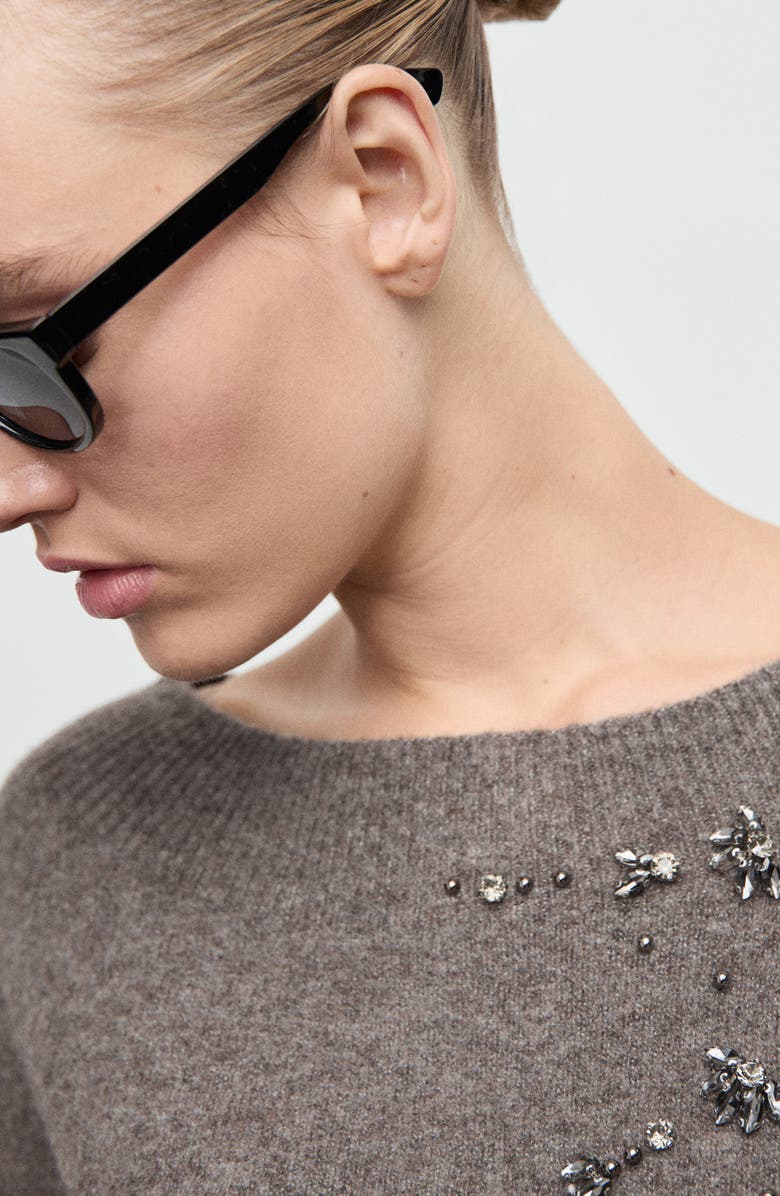 MANGO Crystal Detail Boat Neck Sweater, Alternate, color, Medium Brown