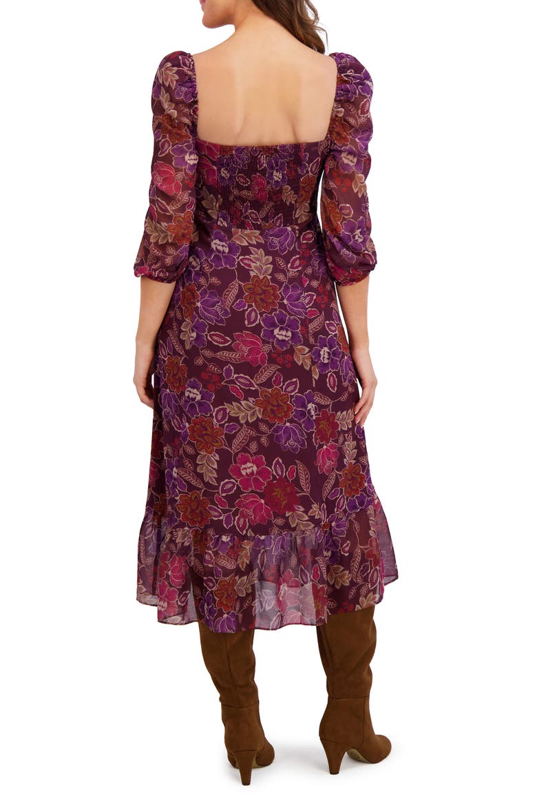 Floral Ruched Empire Waist Chiffon Midi Dress, Alternate, color, PORT/ PURPLE