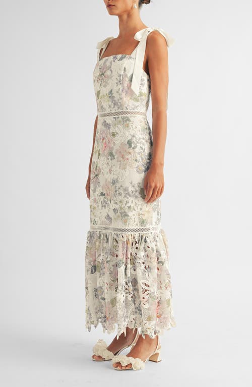 Arose Studio Madison Floral Lace Tie Strap Sleeveless Midi Dress In White Multi