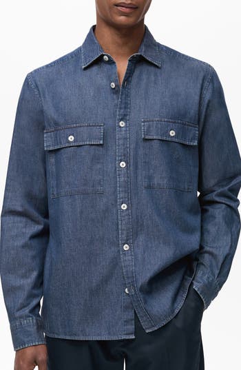 Mango Cotton Chambray Button-up Shirt In Blue