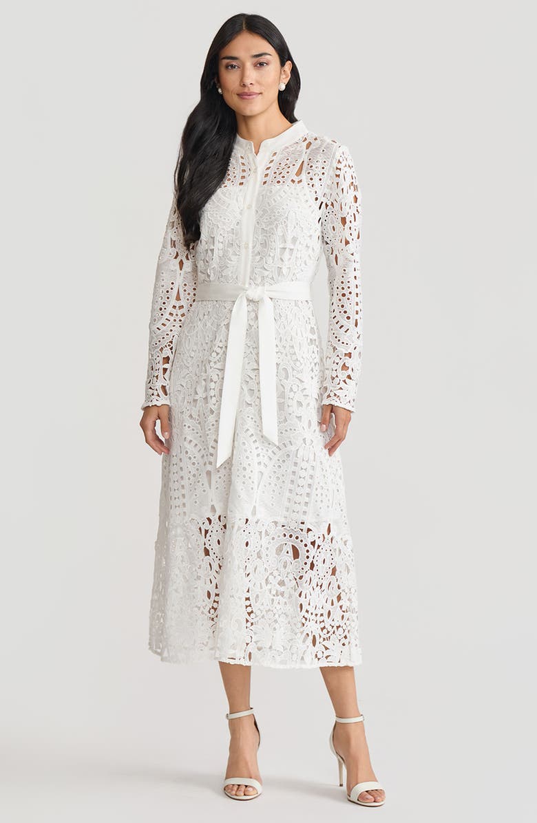 Ming Wang Fit-N-Flare Lined Laced Midi Dress, Main, color, White