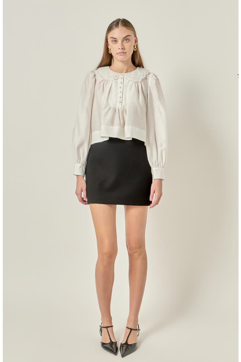 Lace Collar Shirred Puff Sleeve Top, Alternate, color, WHITE