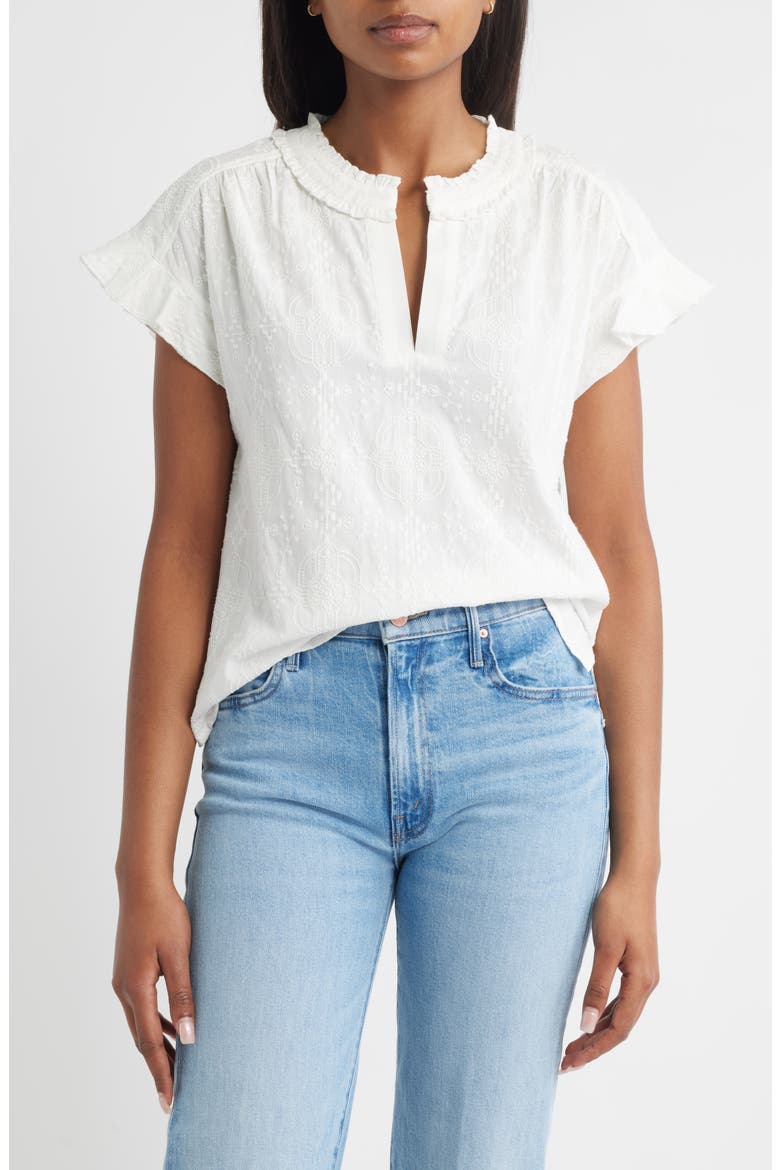 Embroidered Split Neck Top, Main, color, WHITE