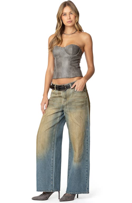 Edikted Sulivan Strapless Faux Leather Crop Top In Gray-washed