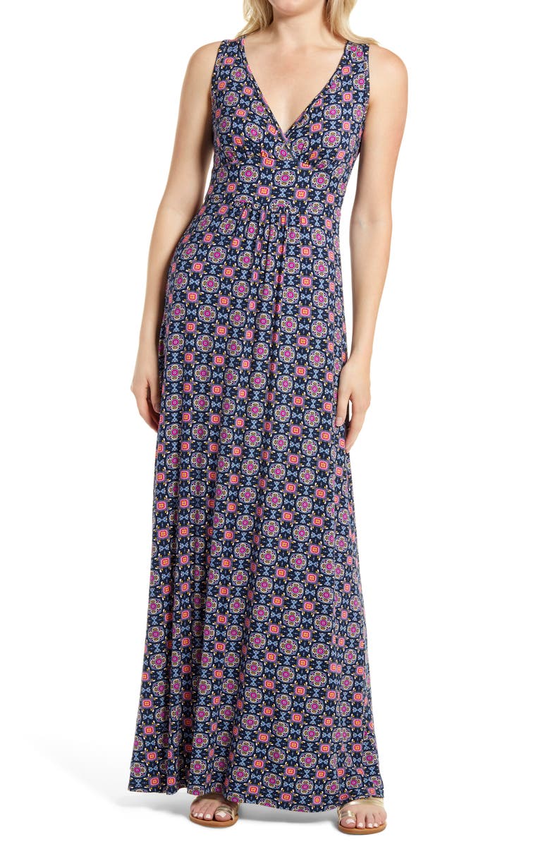 Loveappella Paisley Jersey Maxi Dress, Main, color, Navy/ Magenta