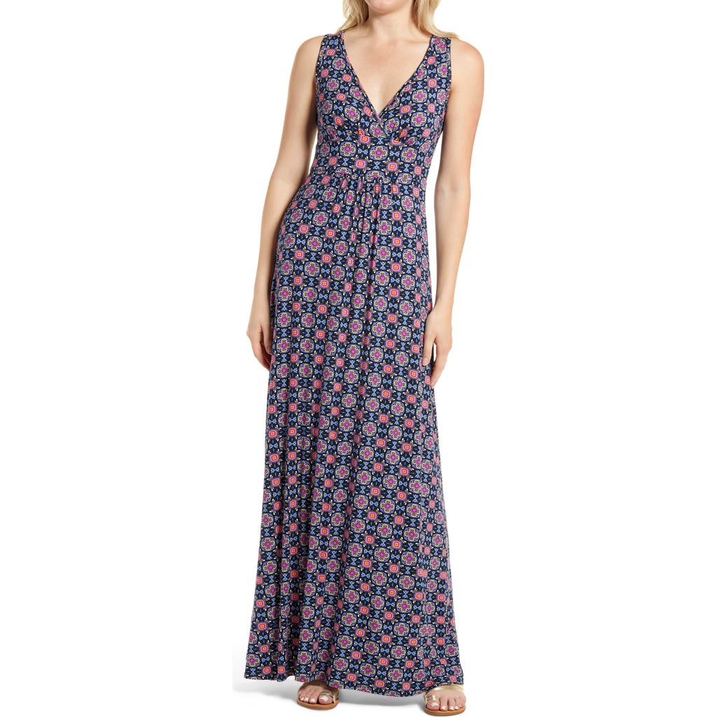 Loveappella Tie Front Cap Sleeve Midi A-line Dress In Navy/magenta