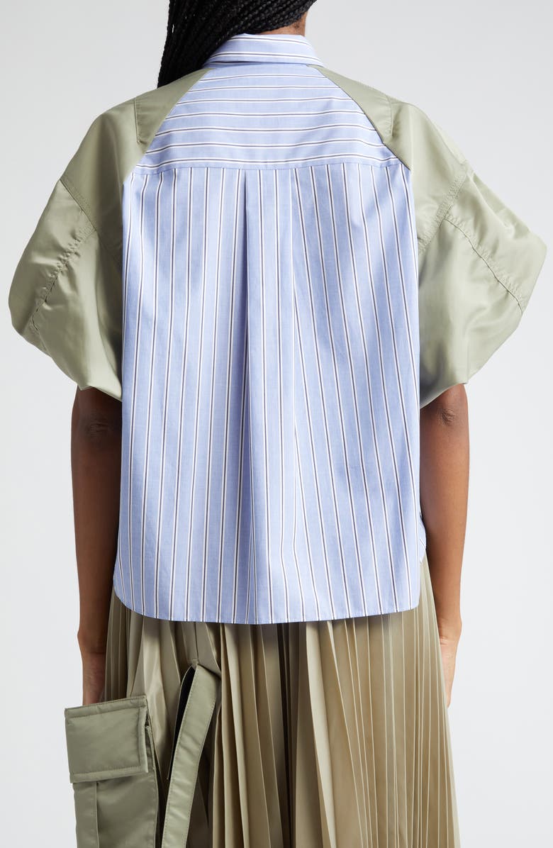 Sacai Mixed Media Stripe Puff Sleeve Cotton Poplin & Nylon Shirt, Alternate, color,