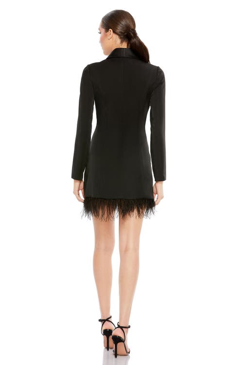 Mac Duggal Feather Trim Long Sleeve Tuxedo Cocktail Dress In Black