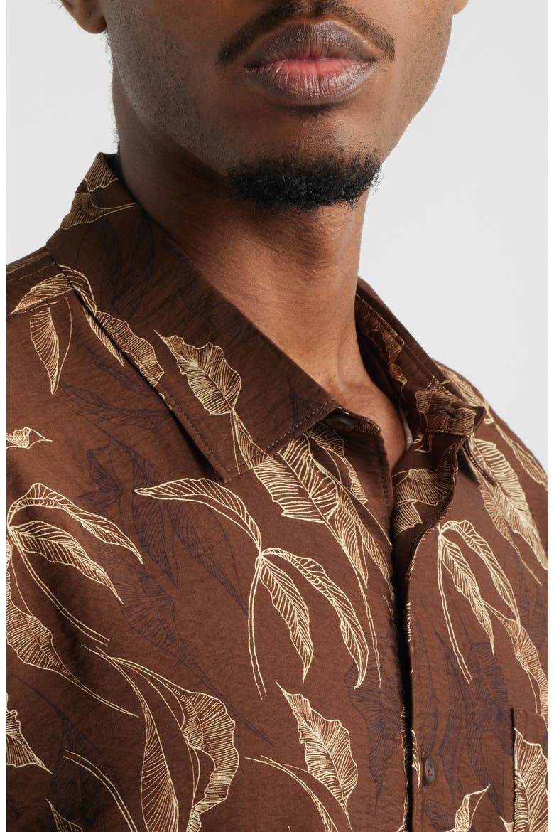 Sketched Leaves Print Relaxed Short Sleeve Button-Up Shirt, Alternate, color, BROWN SKETCHED LEAVES
