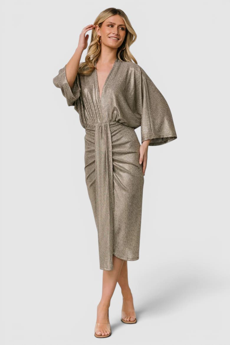 Ciara Ruched Midi Dress, Alternate, color, Silver Metallic