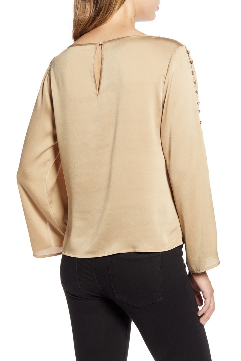 Button Detail Slit Sleeve Hammered Satin Top, Alternate, color, LATTE