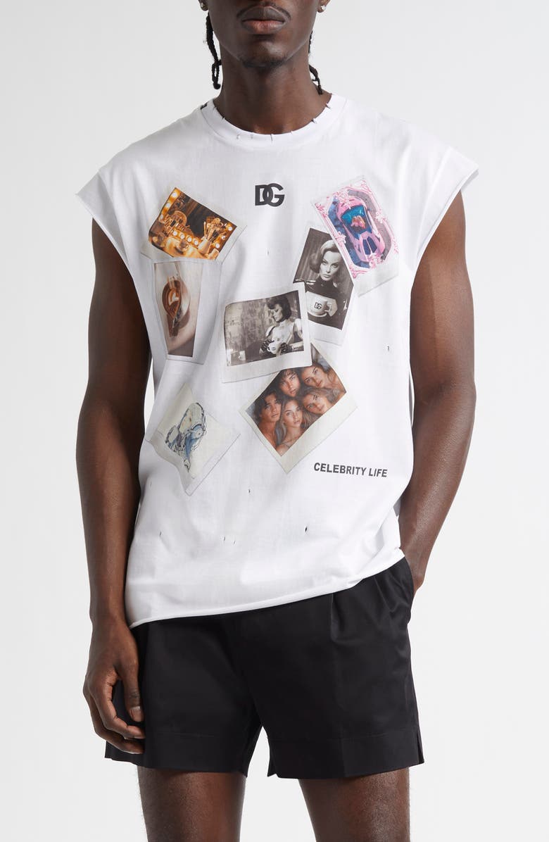Dolce&Gabbana Postcard Print Distressed Cotton Muscle Tee, Main, color, Bianco Ottico