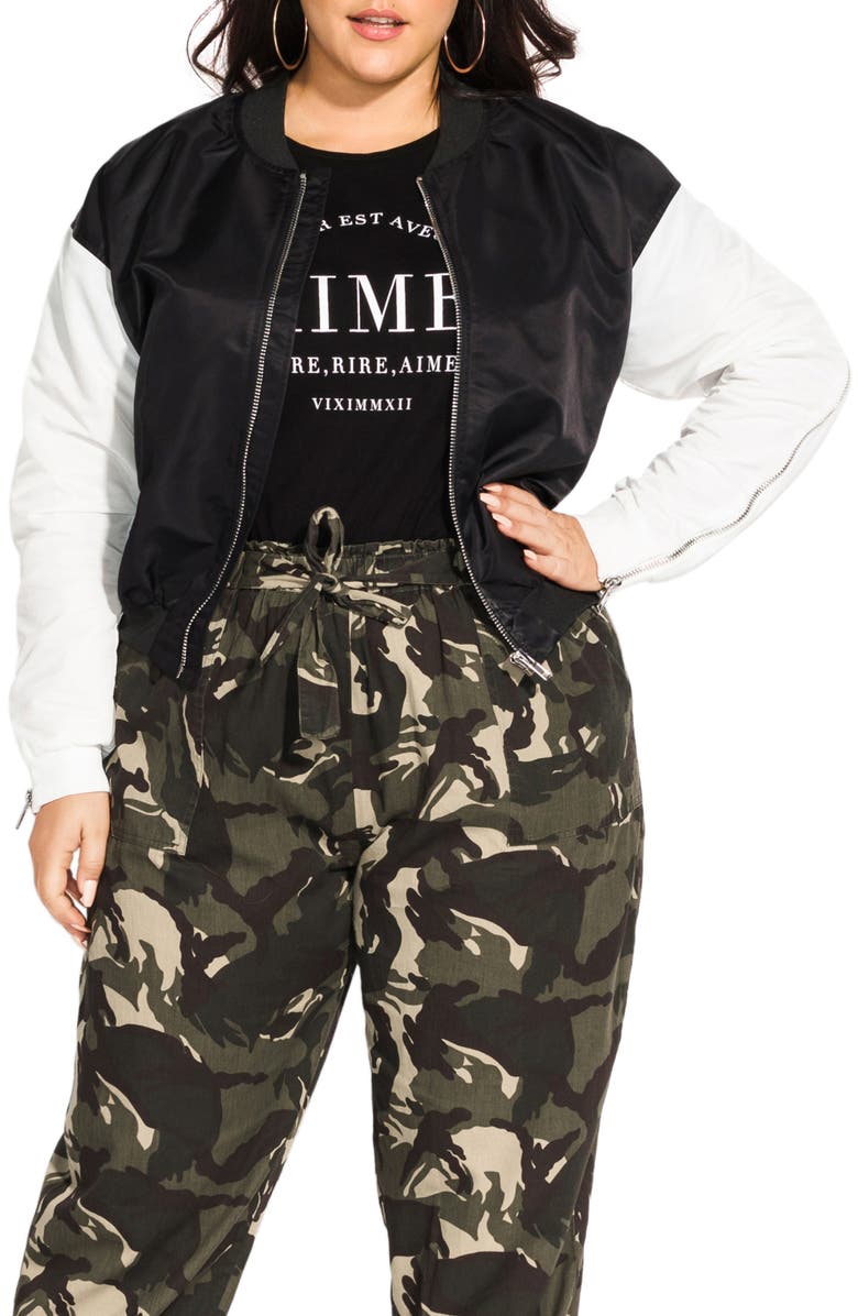 City Chic Noir Blanc Varsity Jacket, Main, color, 