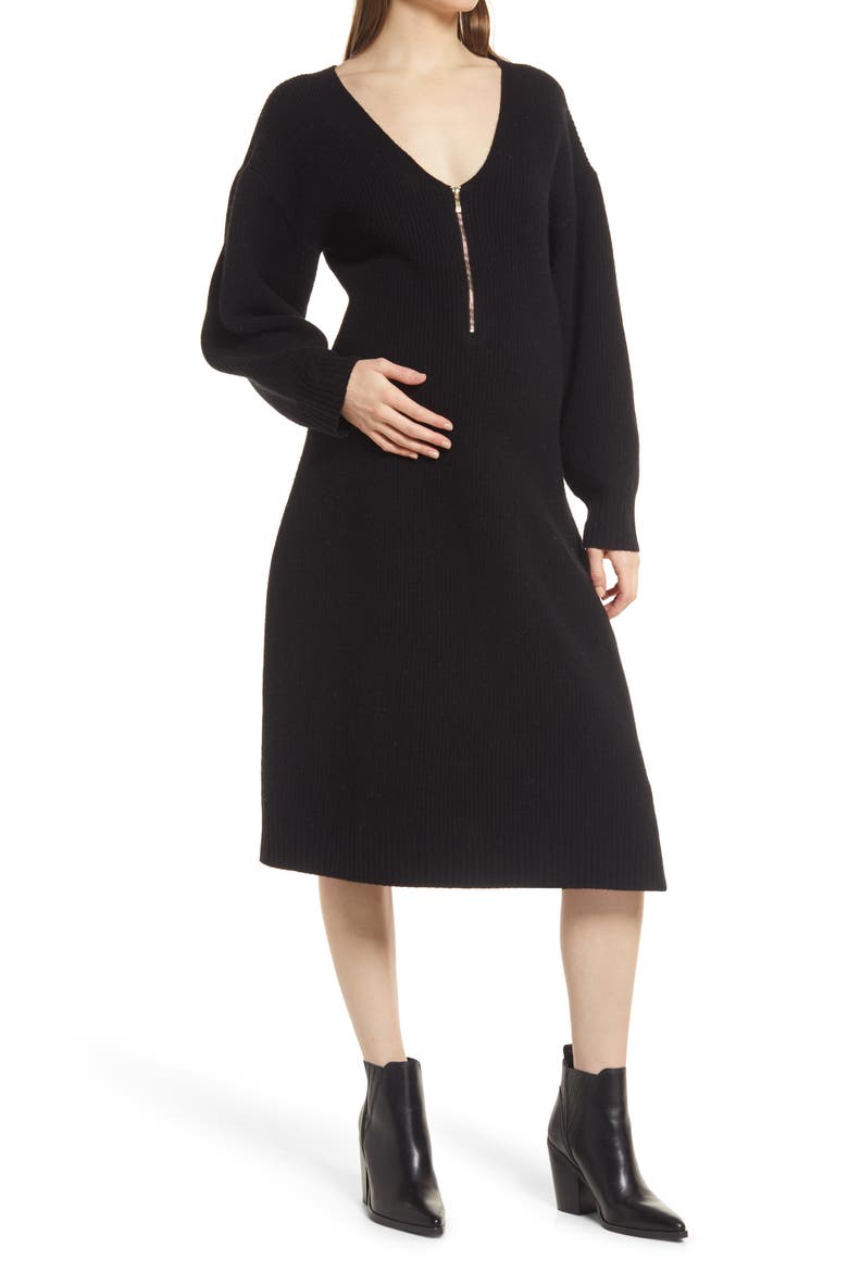 Eva Long Sleeve Merino Wool Blend Maternity Sweater Dress, Main, color, BLACK