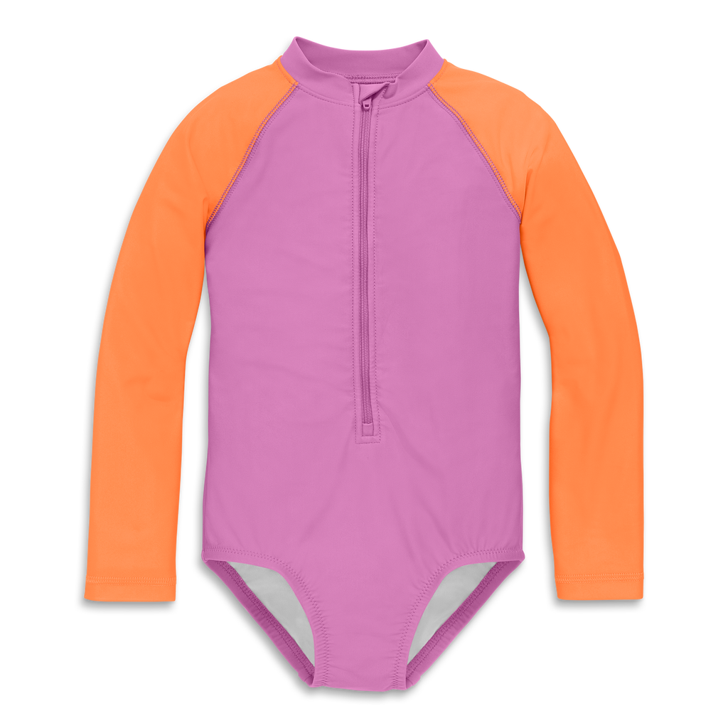 Primary Kids Long Sleeve One-piece Baseball Rash Guard In Lilac Cantaloupe