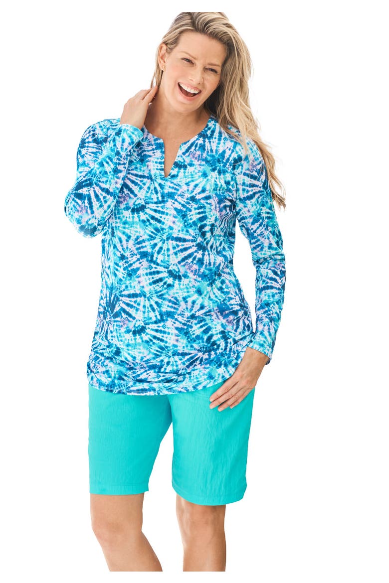 Split Neck Long Sleeve Swim Tee With Built In Bra, Main, color, BLUE TIE DYE SWIRL