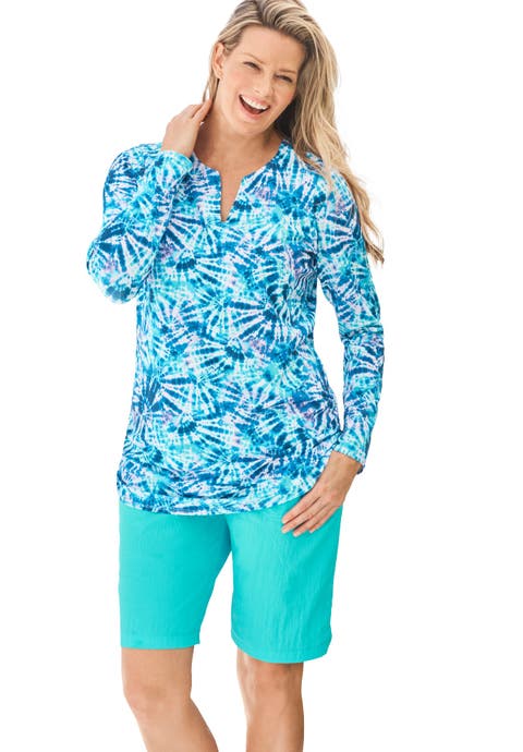 Split-Neck Long Sleeve Swim Tee with Built-In Bra