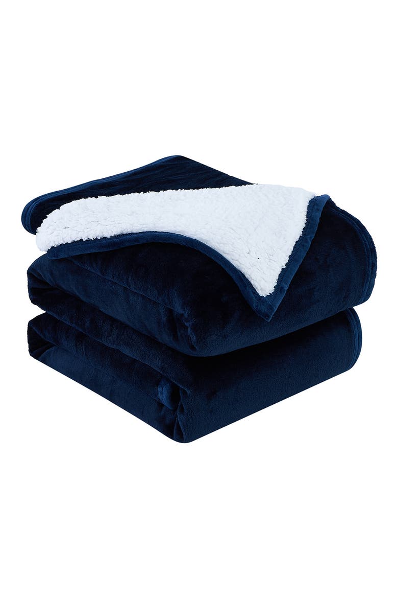 Faux Shearling Fleece Oversized Reversible Blanket, Main, color, NAVY BLUE