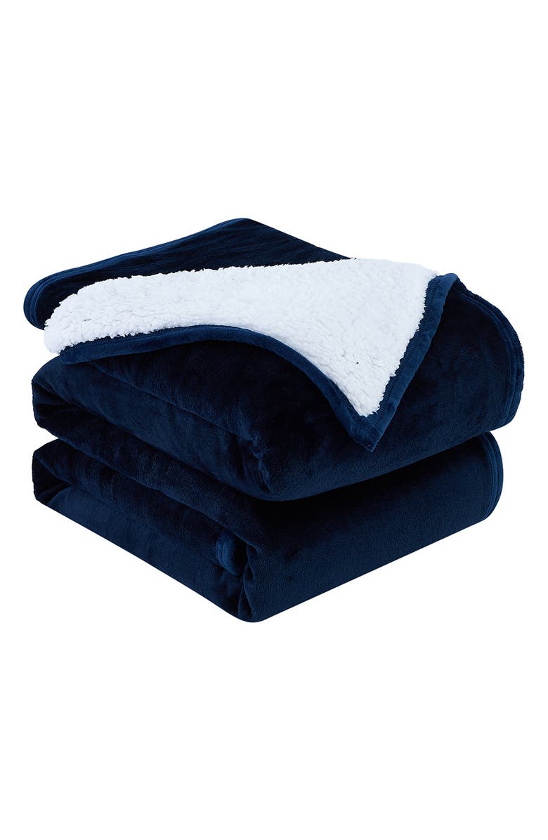 SOUTHSHORE FINE LINENS Faux Shearling Fleece Oversized Reversible Blanket, Main, color, Navy Blue