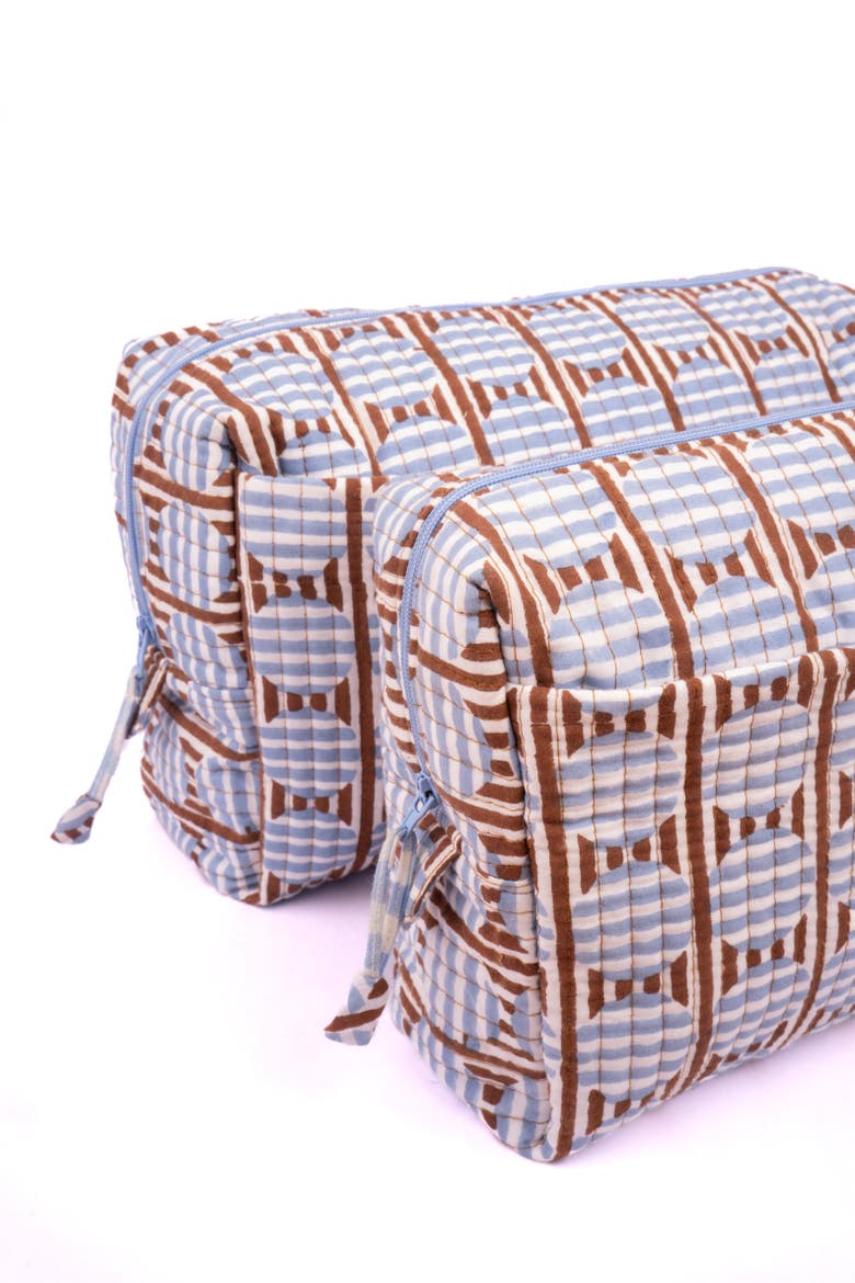 Striped Circles Blockprint Travel Pouch in and Blue, Alternate, color, Brown