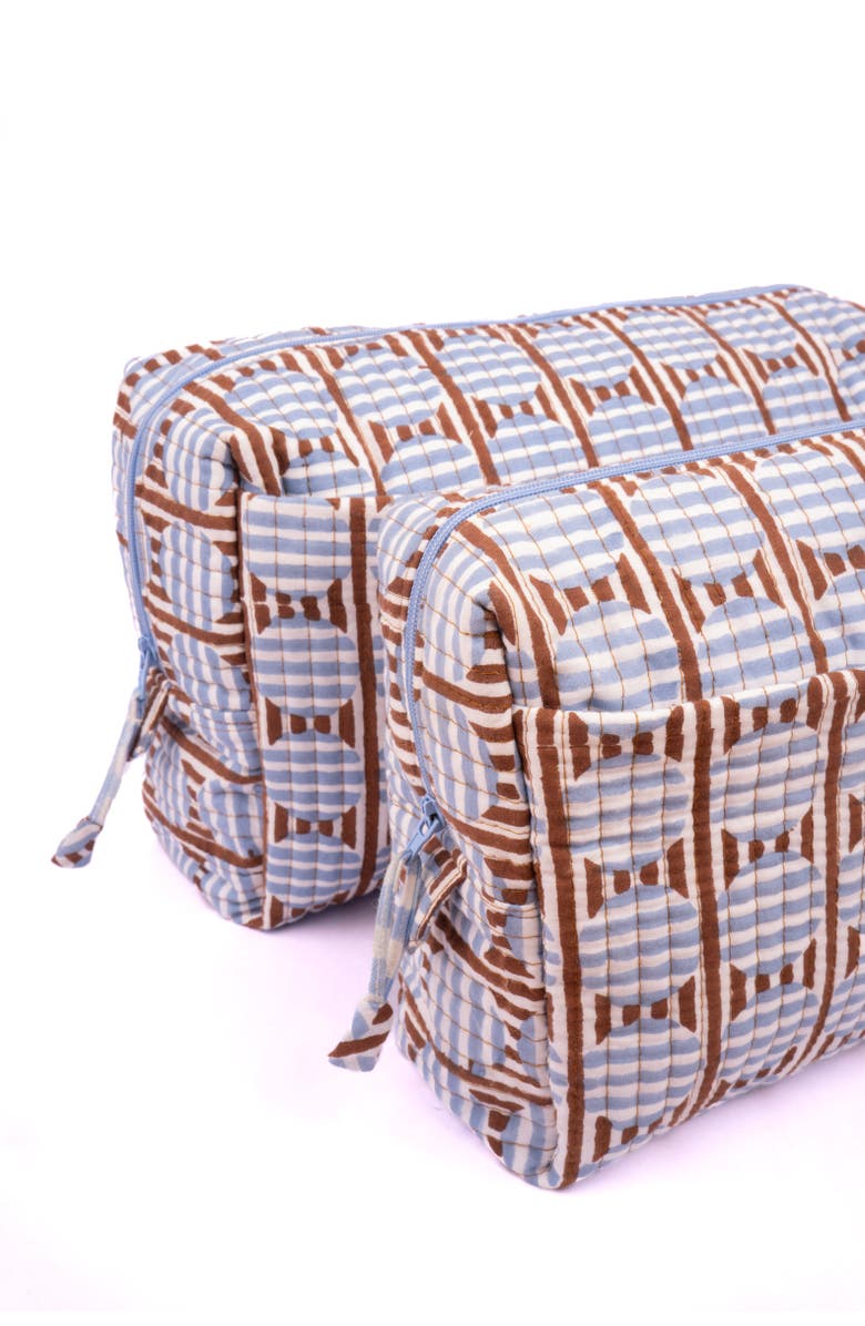 Inner Child Striped Circles Blockprint Travel Pouch in and Blue, Alternate, color, Brown