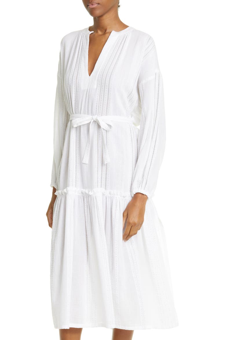 Abira Long Sleeve Tiered Cotton Blend Cover-Up Midi Dress, Alternate, color, WHITE