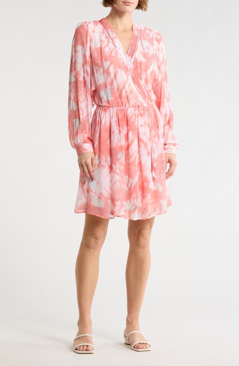 Print Long Sleeve Faux Wrap Dress