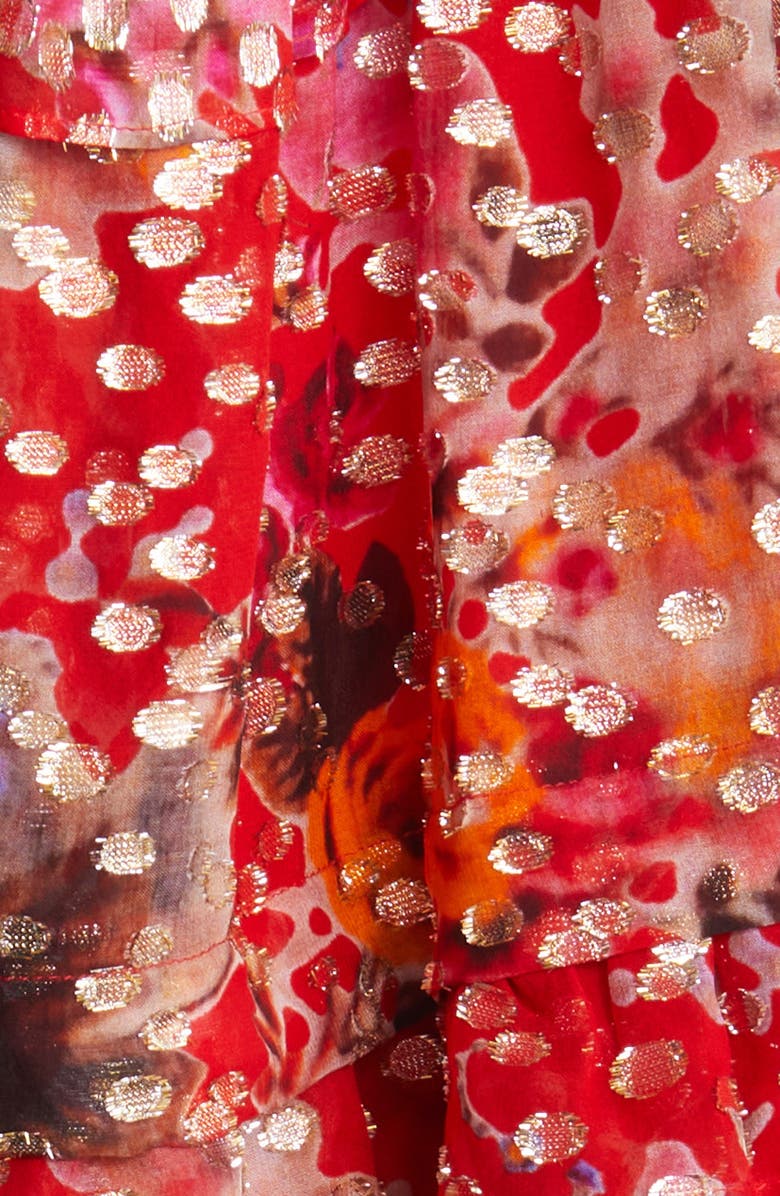 KOBI HALPERIN Brook Metallic Tie Waist Tiered Silk Blend Dress, Alternate, color, Flame Orange Multi