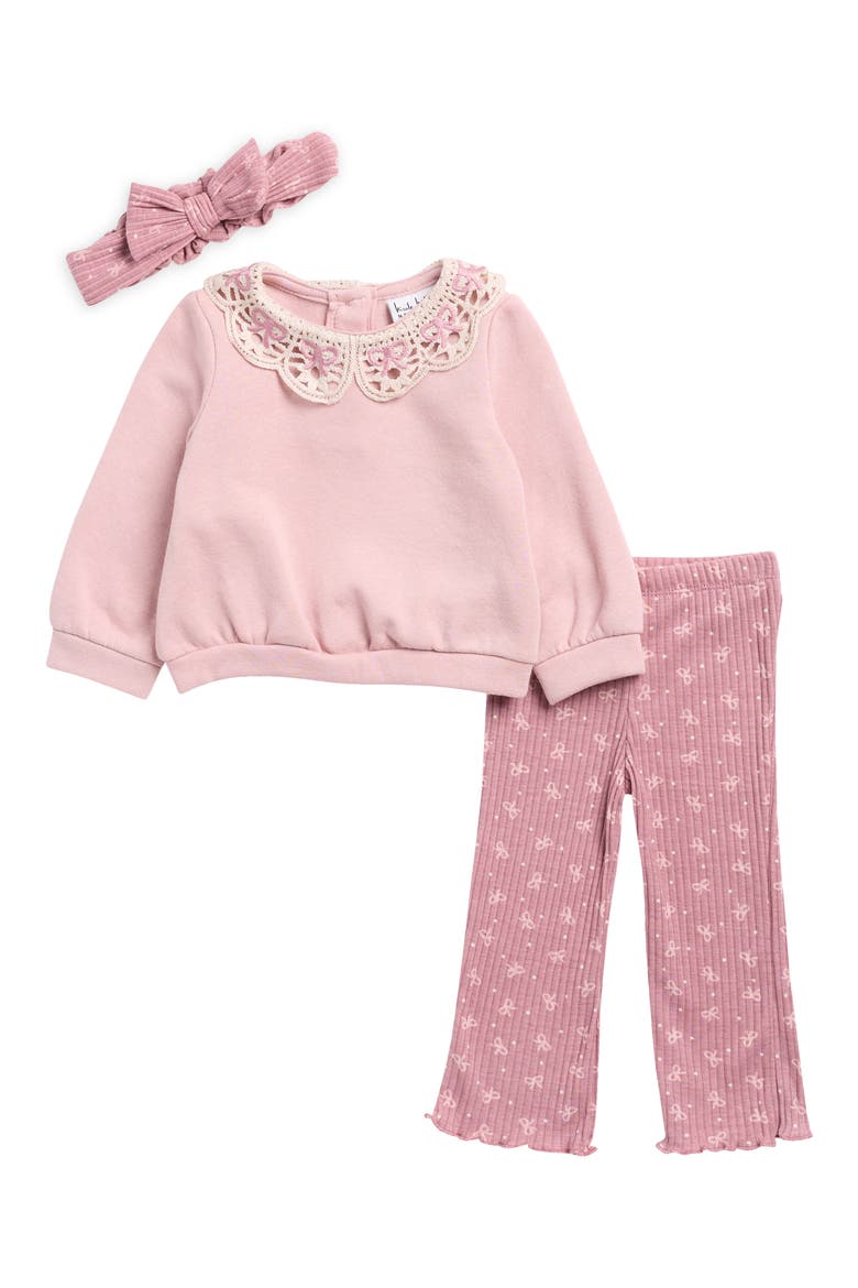 Kids' Lace Collar Fleece Top, Pants & Headband Set, Main, color, PALE MAUVE