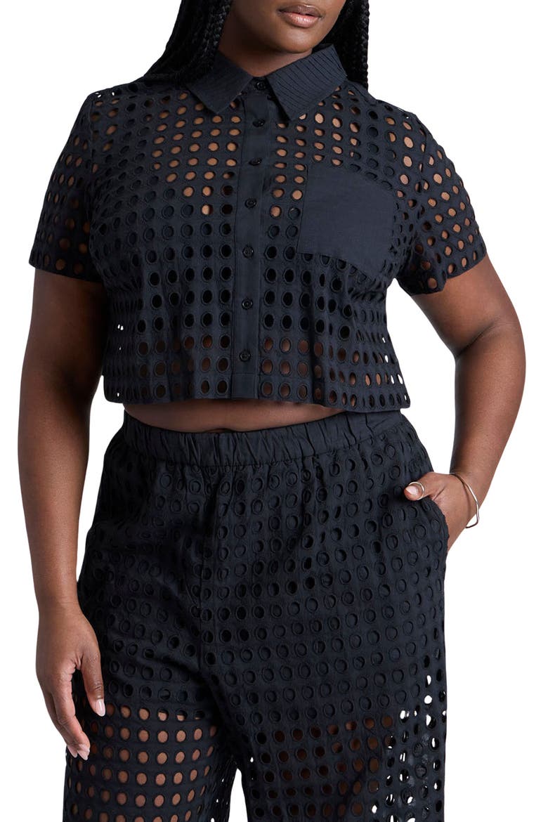 Eyelet Crop Shirt, Main, color, BLACK