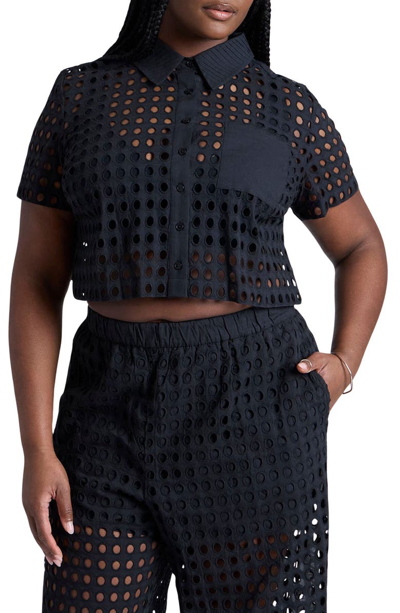 ELOQUII Eyelet Crop Shirt, Main, color, 