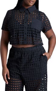 ELOQUII Eyelet Crop Shirt