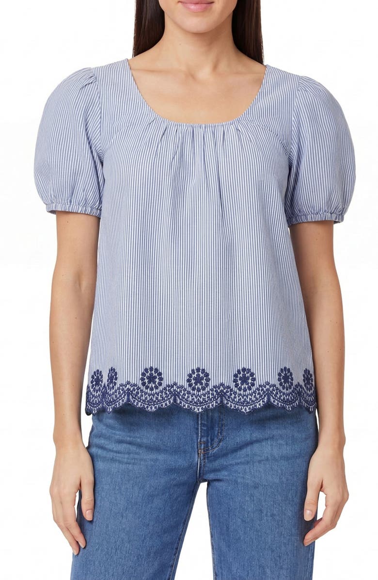 Kensie Eyelet Hem Cotton Top, Main, color, Blue And White Stripe