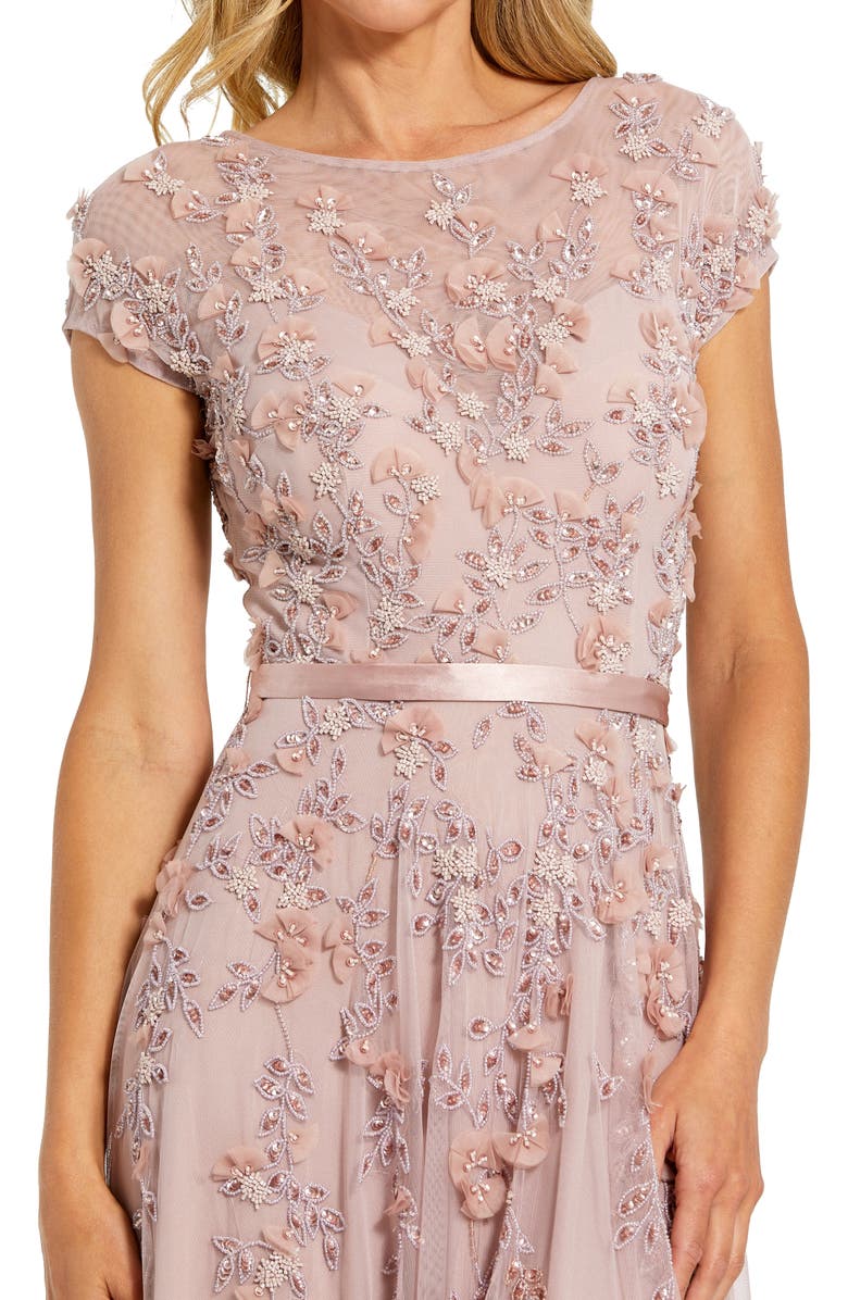 Mac Duggal Women's Floral Embellished Short Sleeve Mesh Gown, Alternate, color, Mocha