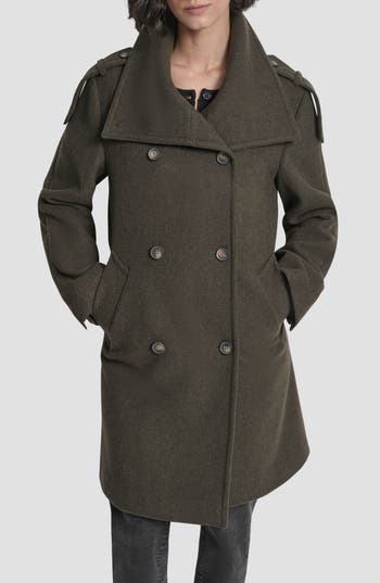 Dkny Double Breasted Wool Blend Military Coat In Green