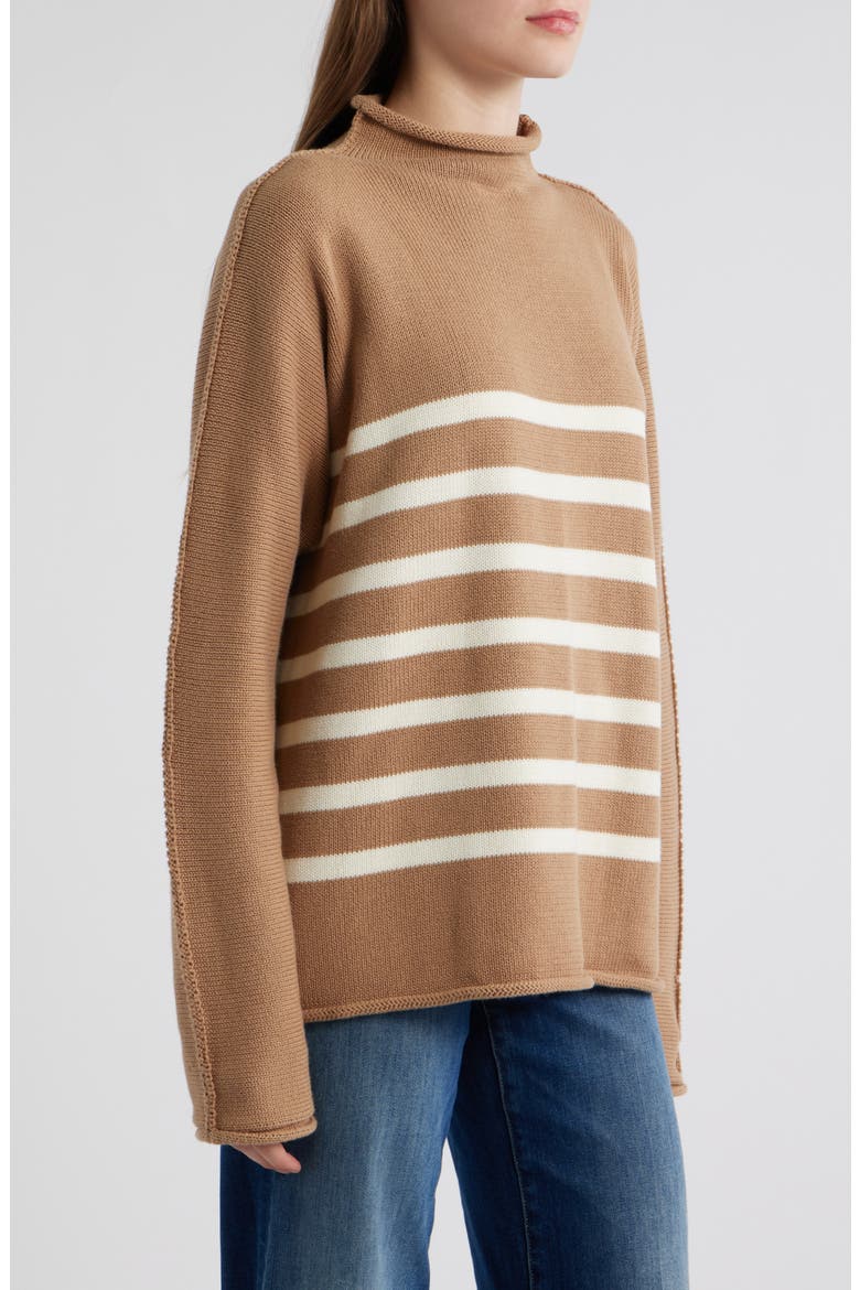 Monterey Stripe Cotton Funnel Neck Sweater, Alternate, color, CAMEL STRIPE