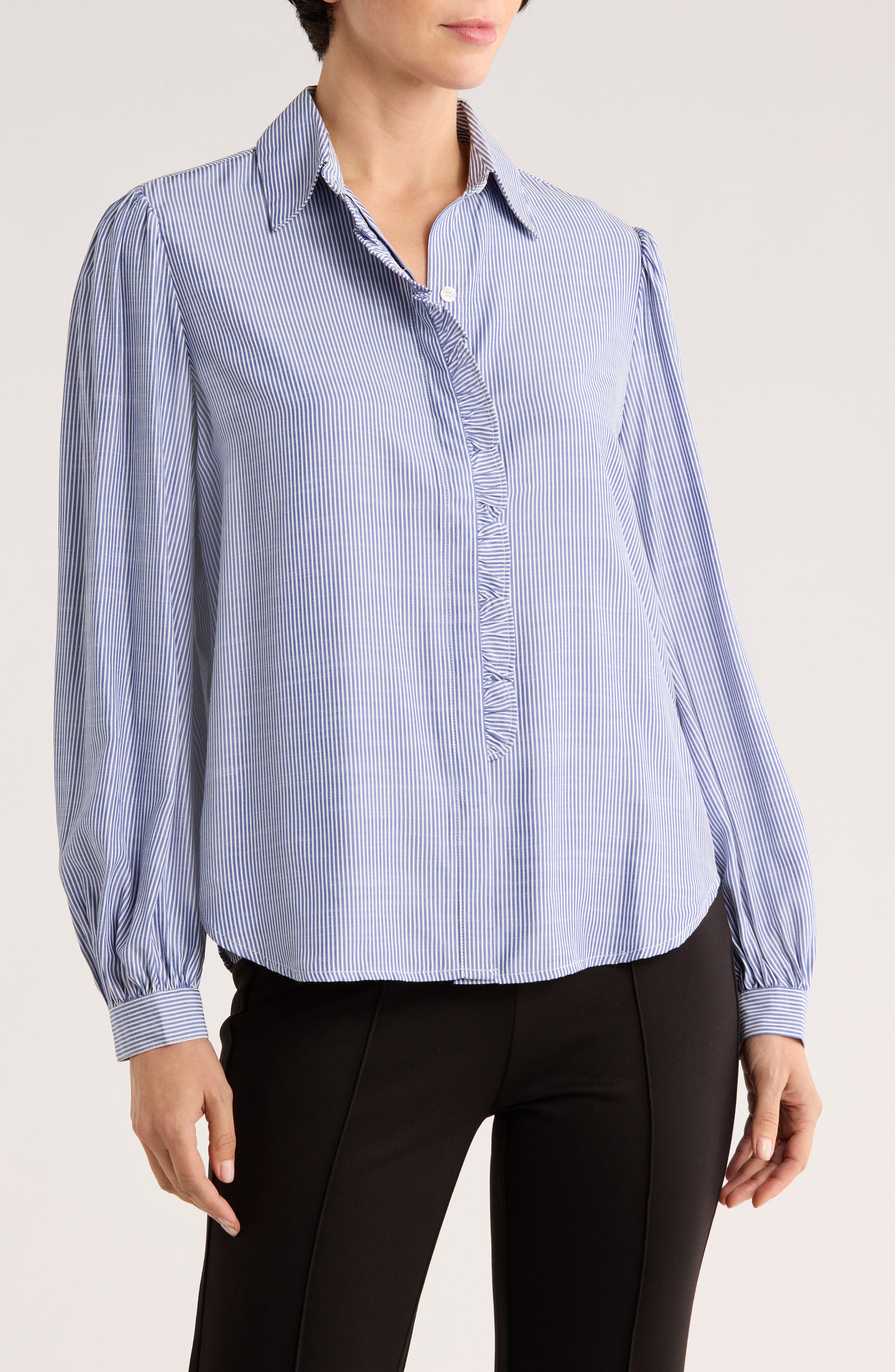 MAX STUDIO Stripe Ruffle Front Button-Up Shirt