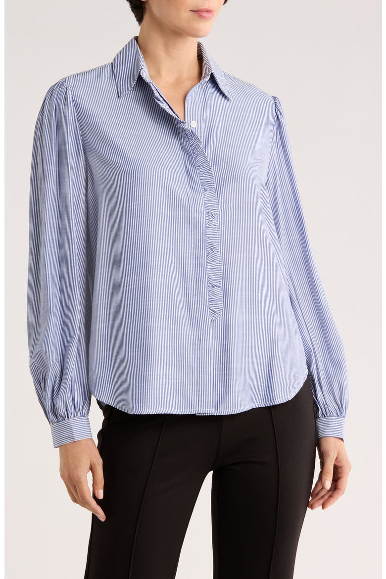 Stripe Ruffle Front Button-Up Shirt, Main, color, INDIGO/ OFF WHITE MINI STRIPE