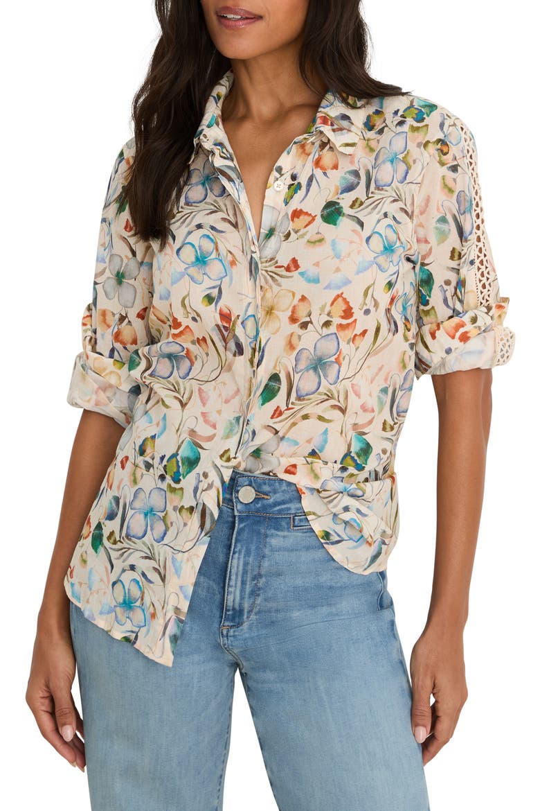 Pressed Flower Crochet Trim Cotton Button-Up Top, Main, color, NEUTRAL MULTI