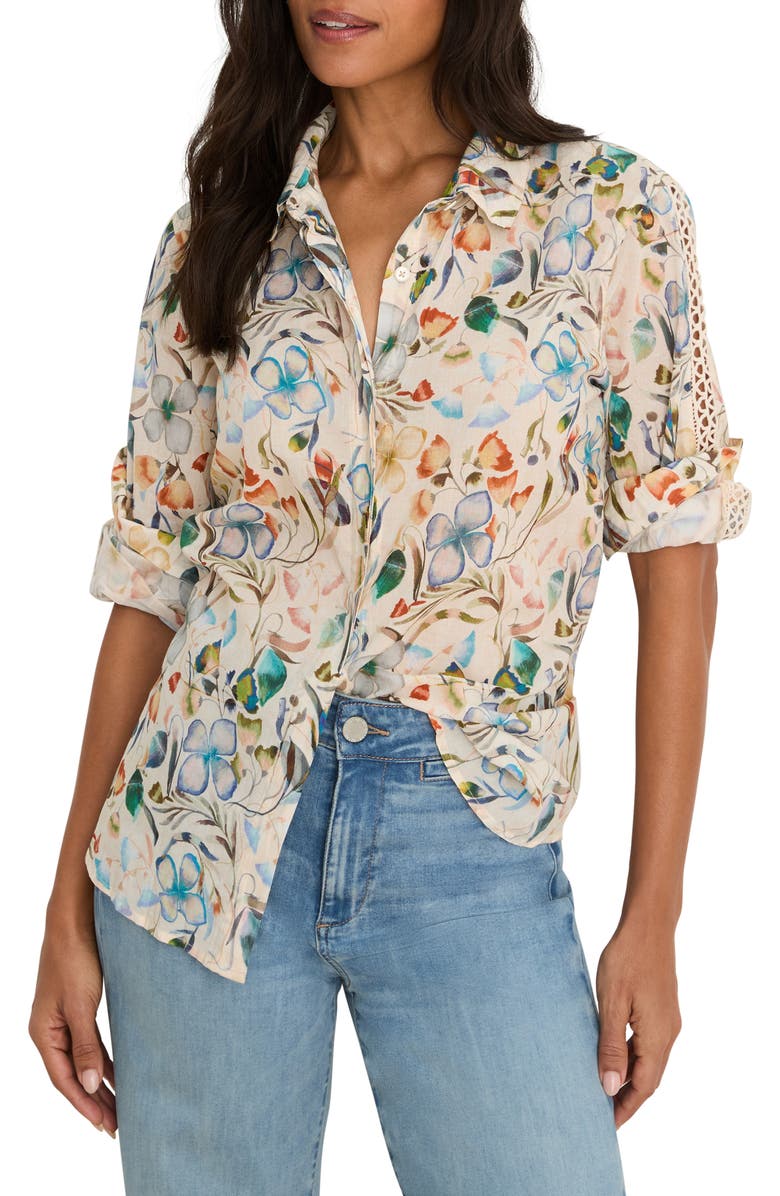 NIC+ZOE Pressed Flower Crochet Trim Cotton Button-Up Top, Main, color, Neutral Multi