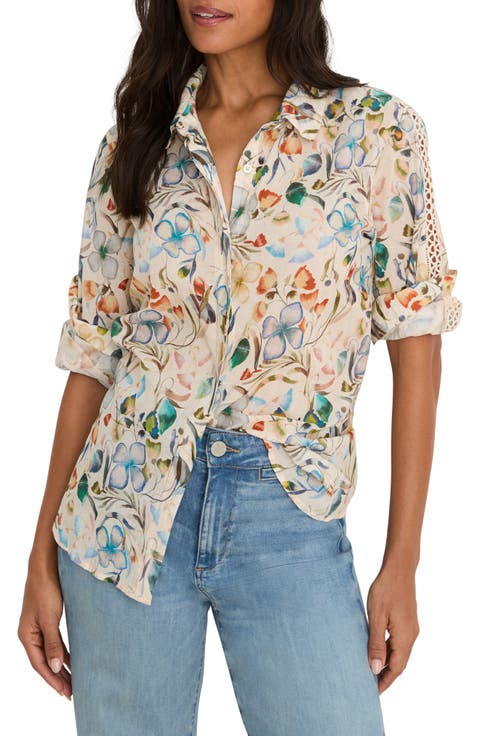 Pressed Flower Crochet Trim Cotton Button-Up Top (Petite)