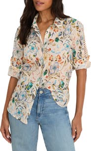 NIC+ZOE Pressed Flower Crochet Trim Cotton Button-Up Top