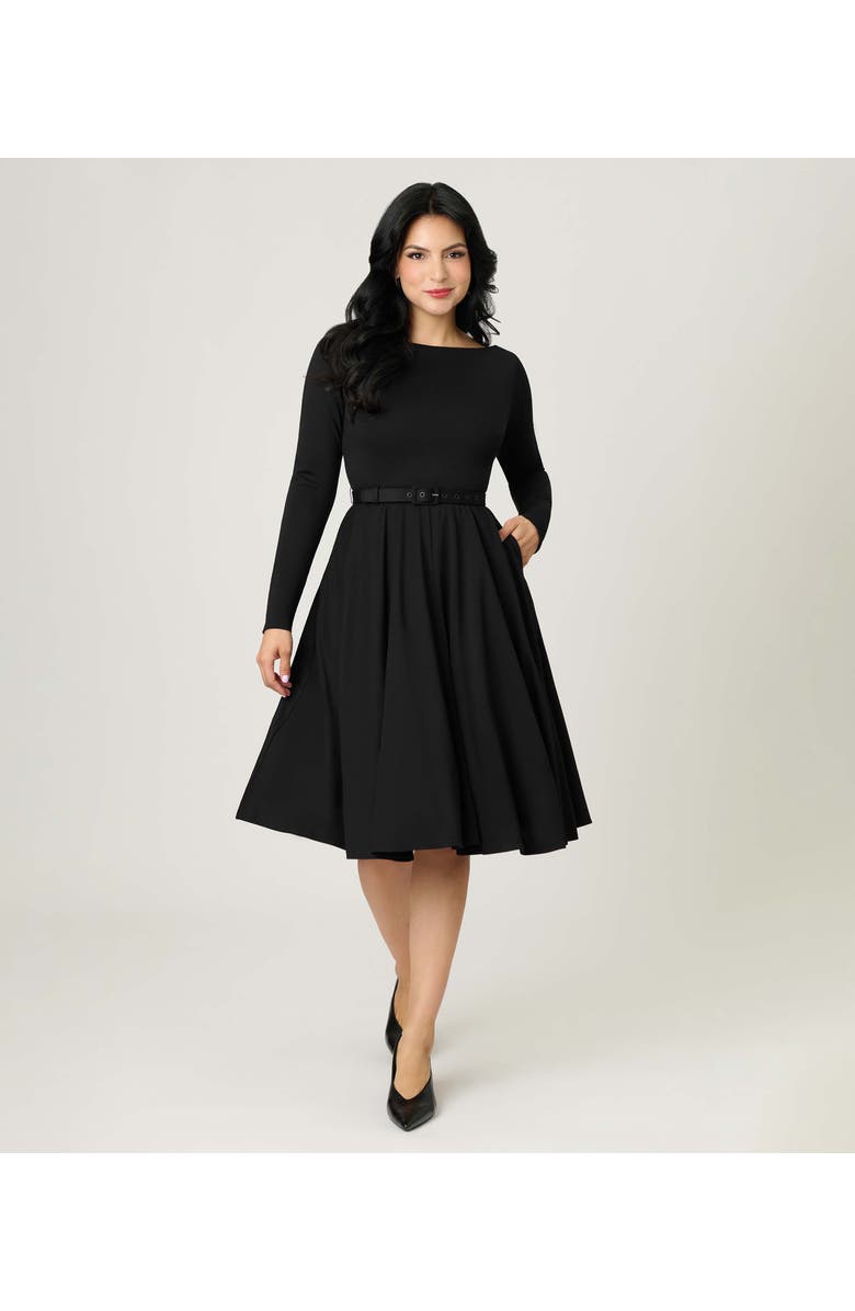 Unique Vintage Long Sleeve Belted Devon Swing Dress, Main, color, Black Solid