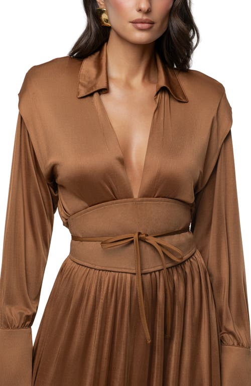 Jluxlabel Collar Long Sleeve Satin Gown In Brown