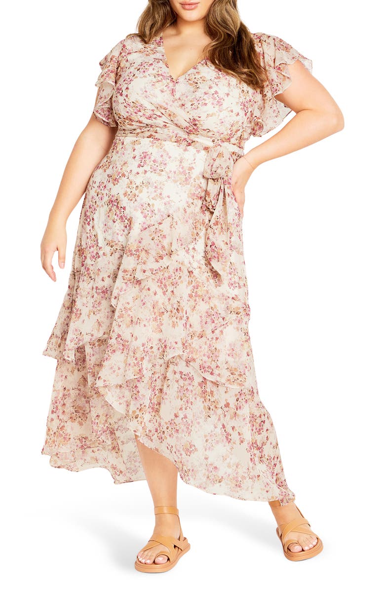 City Chic Floral Print Faux Wrap Dress, Main, color, Pretty Meadow