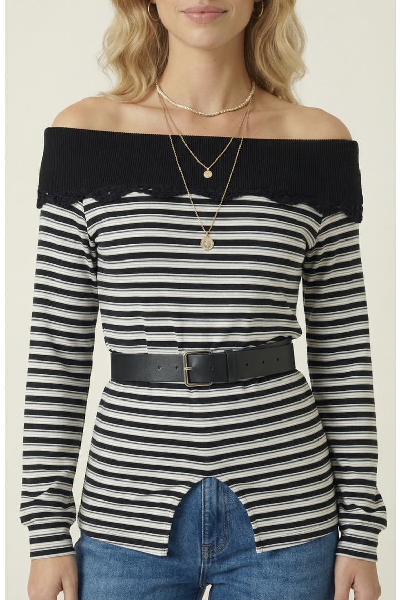 Off Shoulder Striped Knit Belted Top, Alternate, color, Black / White / Grey