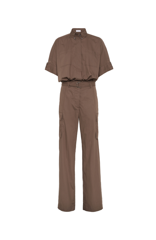 Brunello Cucinelli Cotton Belted Monili Jumpsuit In Chocolate