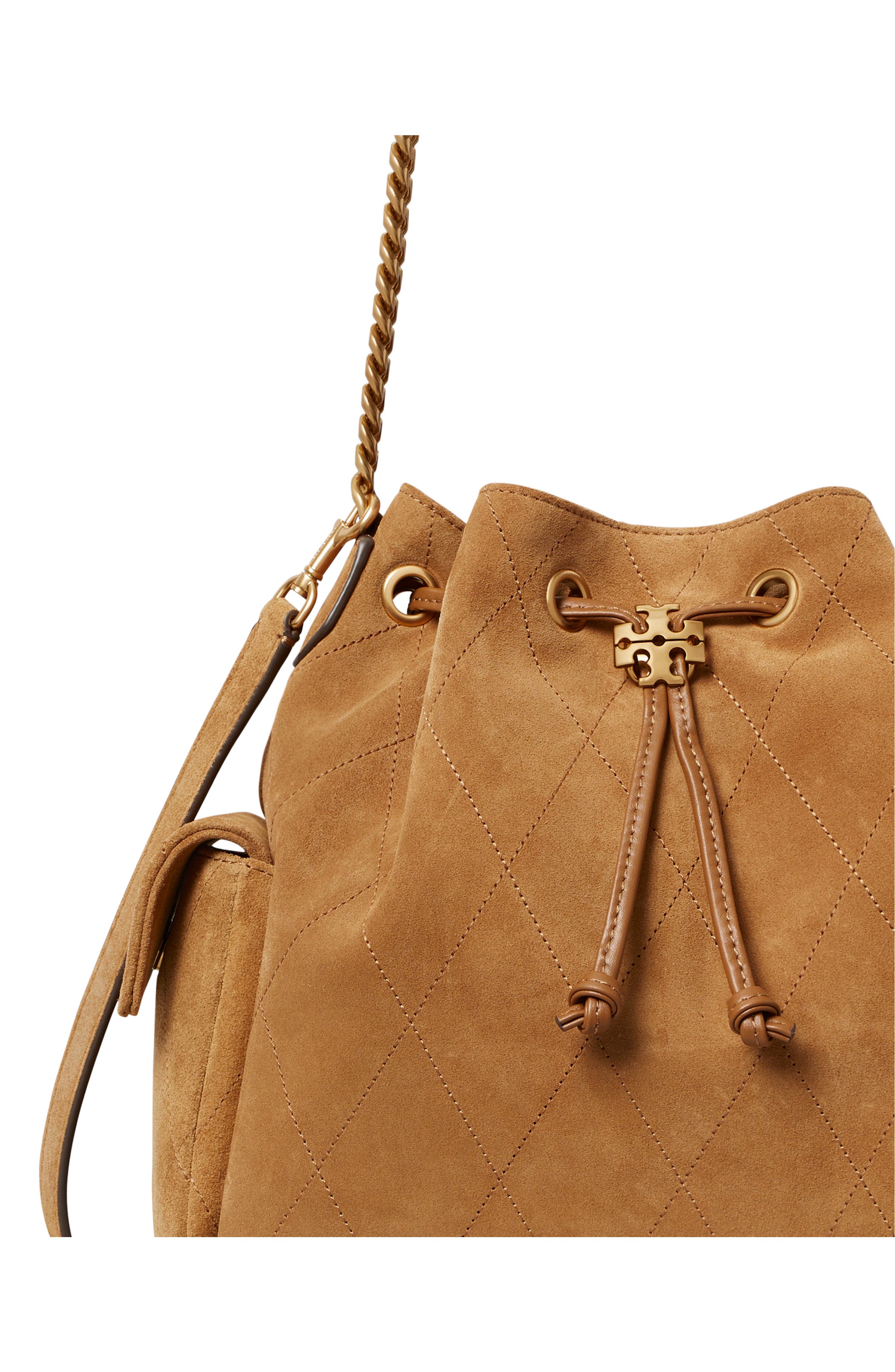 Tory Burch Charlie Quilted Suede Drawstring Bag, Alternate, color, 