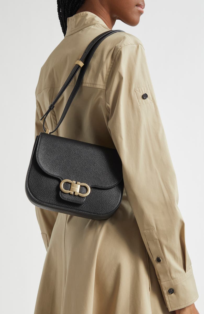 FERRAGAMO Double Gancio Leather Crossbody Bag, Alternate, color, Nero